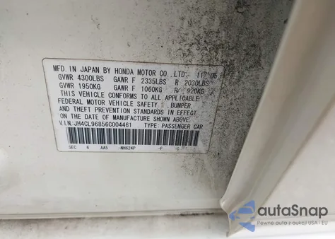 2006 Acura Tsx из США, поврежденный, VIN JH4CL96856C004461